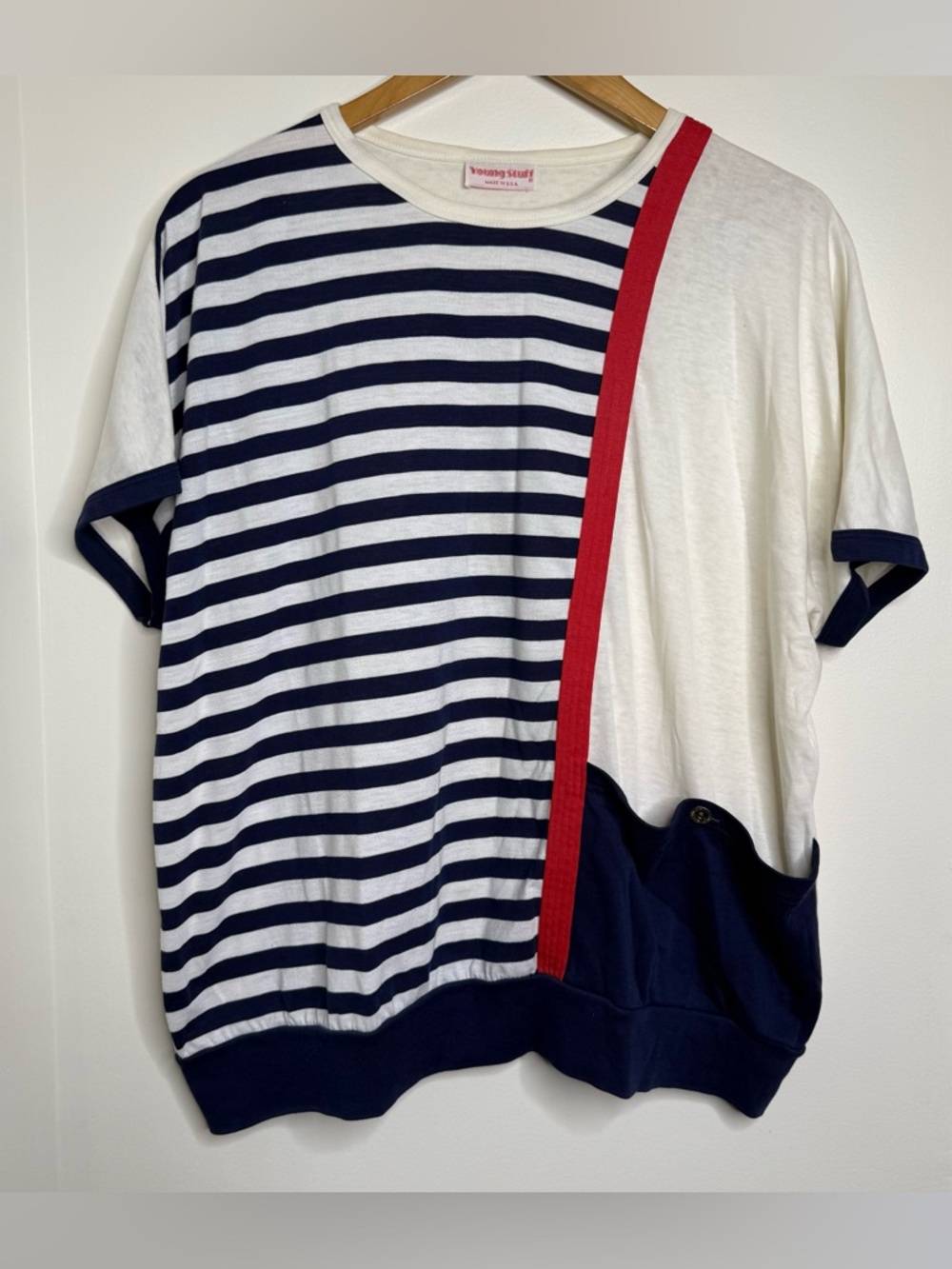 Vintage 80s Young Stuff Striped ColorBlock Top No Size Nautical Navy White USA